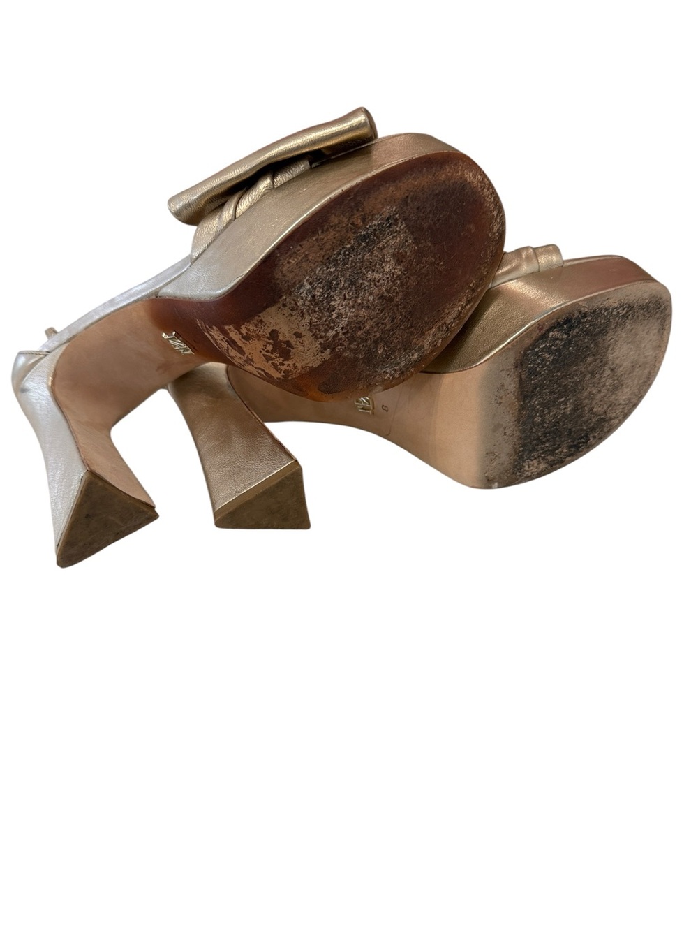 Badgley Mischka Metallic Gold Platform Knot Bow Sandals Size 8 Pre Loved - Picture 10 of 11